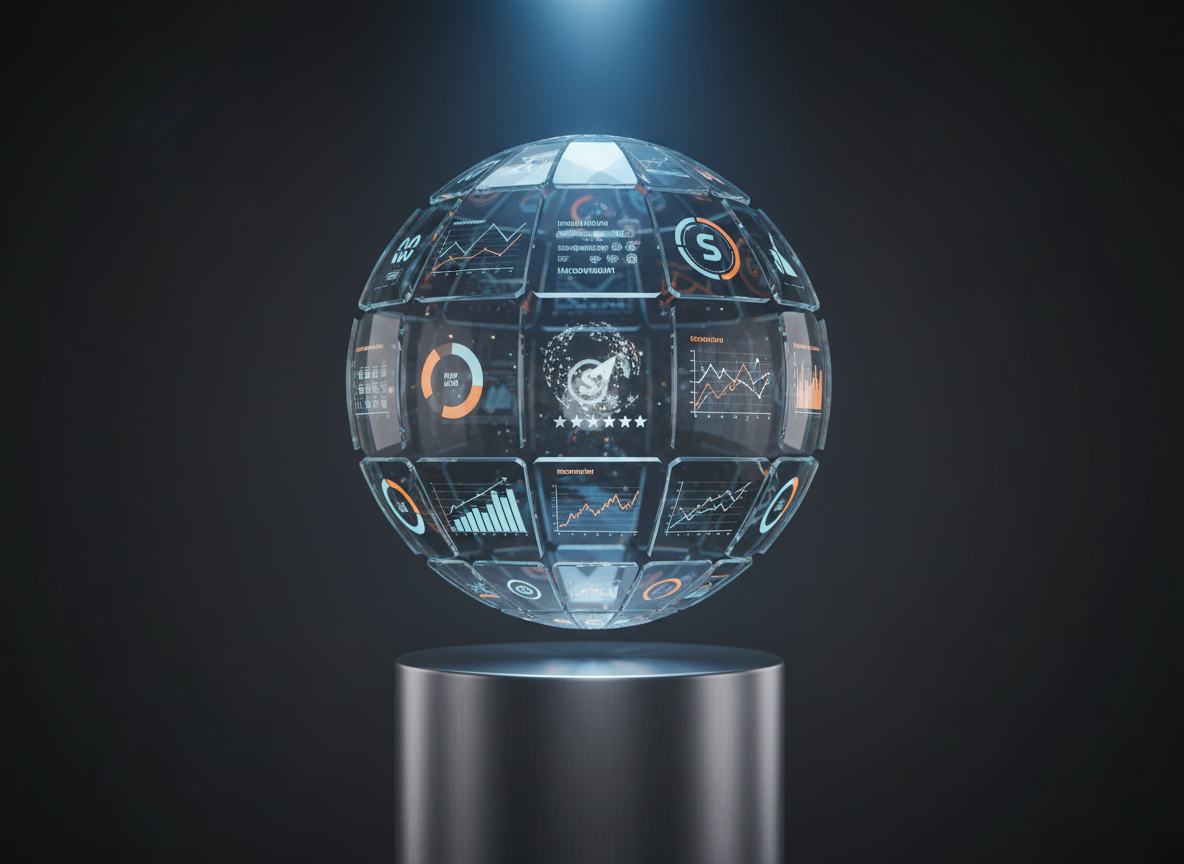 A highly detailed, transparent 3D sphere made of layered glass panels, each panel etched with tiny graphs, sentiment gauges, and keyword clouds, representing a startup’s global reputation. The sphere hovers a few inches above a brushed metal pedestal in a dark, minimal studio environment. A cool blue spotlight from above creates crisp highlights along the edges of the glass and complex refractions inside the sphere, while the background fades into deep charcoal. Subtle holographic reflections of brand logos and rating stars float inside the sphere. Captured in a centered composition with a slightly low angle to emphasize importance, the image uses photographic realism and a clean, futuristic aesthetic to suggest sophisticated, AI-driven insight.