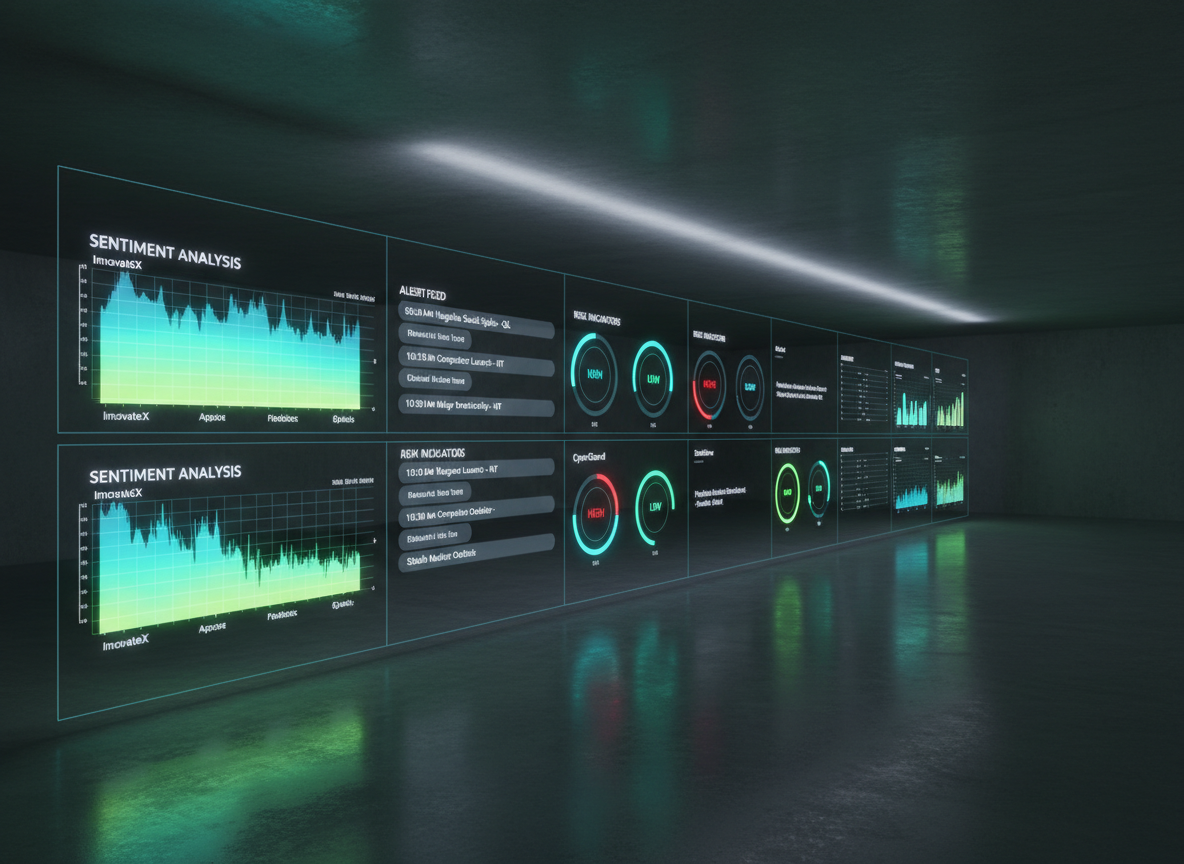 A long, ultra-wide transparent LED wall stretching across a dimly lit, minimalist room, displaying a panoramic array of live reputation analytics for multiple startups: sentiment heatmaps, alert timelines, and AI-generated risk indicators glowing in neon blues and greens. The floor is polished concrete reflecting the subtle light from the wall. Soft, indirect white light from the ceiling creates a gentle halo around the display without overpowering it. Shot from a slightly off-center, low-angle perspective, the image emphasizes depth and scale, with the far end of the wall fading into a soft blur. The mood is focused and forward-looking, with photographic realism and a clean, high-tech atmosphere underscoring the power of continuous business intelligence monitoring.