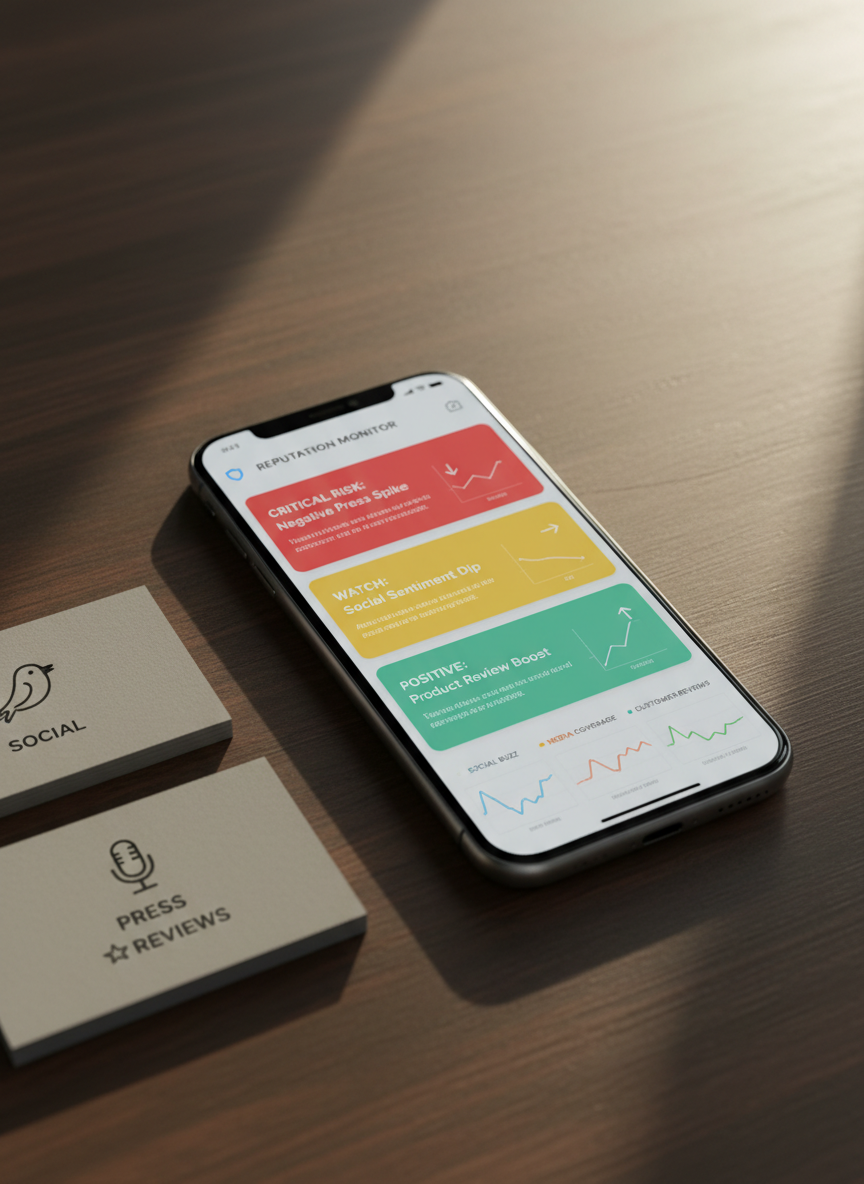 A close-up of a slim, matte-black smartphone resting on a dark wooden table, its screen showing a crisp mobile interface of AI reputation alerts for a startup: color-coded risk cards, concise summaries, and micro trend charts. Beside the phone lies a neatly stacked set of grey index cards with hand-drawn icons for social platforms, press, and reviews, symbolizing monitored channels. Soft afternoon window light from the right creates gentle shadows and warm reflections on the phone’s edges, balancing the cool tones of the interface. Captured from a slightly elevated angle with a shallow depth of field, the phone display is in sharp focus while the table texture softly blurs. The mood is calm, precise, and highly functional, with photographic realism and a modern, minimalist aesthetic.