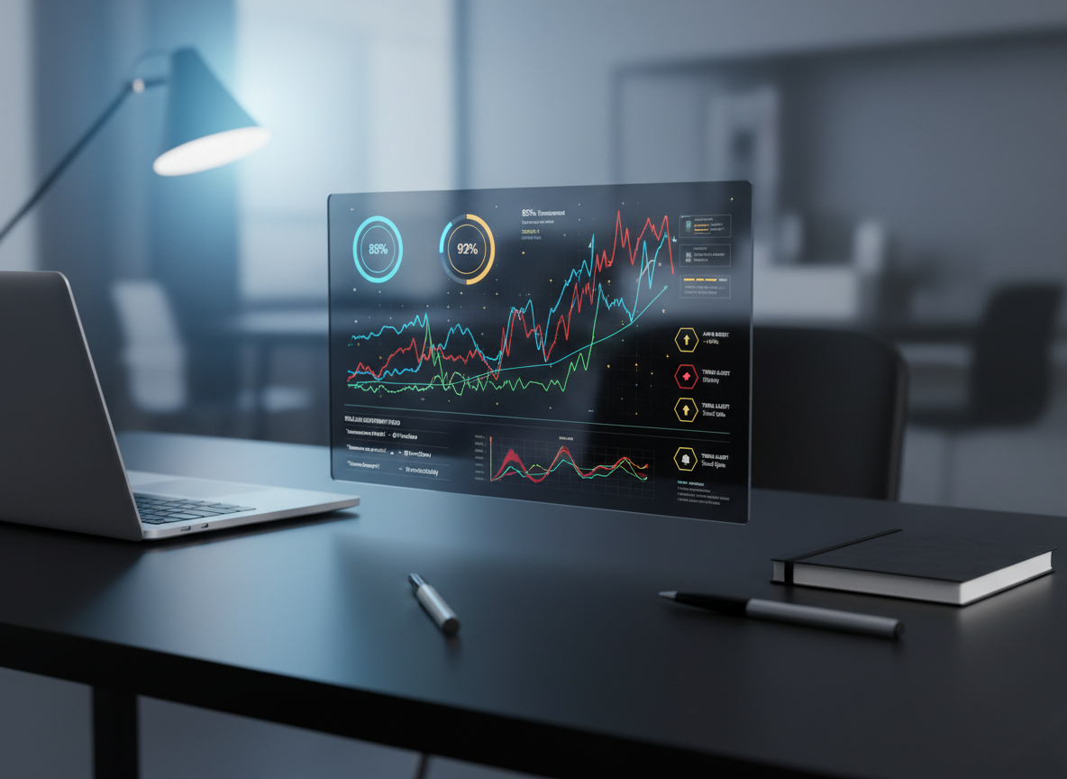 A sleek, dark-grey glass dashboard-style interface floating above a matte black desk, filled with colorful, high-contrast reputation metrics, trend lines, and alert badges representing startup brand sentiment. Surrounding the screen are a closed silver laptop, a minimalist black notebook, and a slim metal pen arranged with precise order. Cool, diffused studio lighting from the left casts soft reflections on the glass surface and subtle shadows on the desk, emphasizing clarity and precision. Shot at an eye-level angle with a shallow depth of field, the dashboard is in razor-sharp focus while the background fades into a gentle blur. The mood is professional, data-driven, and modern, with a photographic realism that conveys confidence and control in AI-powered business intelligence.